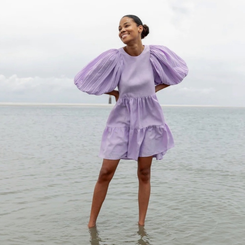 Sea NY Bailey Broomstick Puff Sleeve Tiered Dress Small.